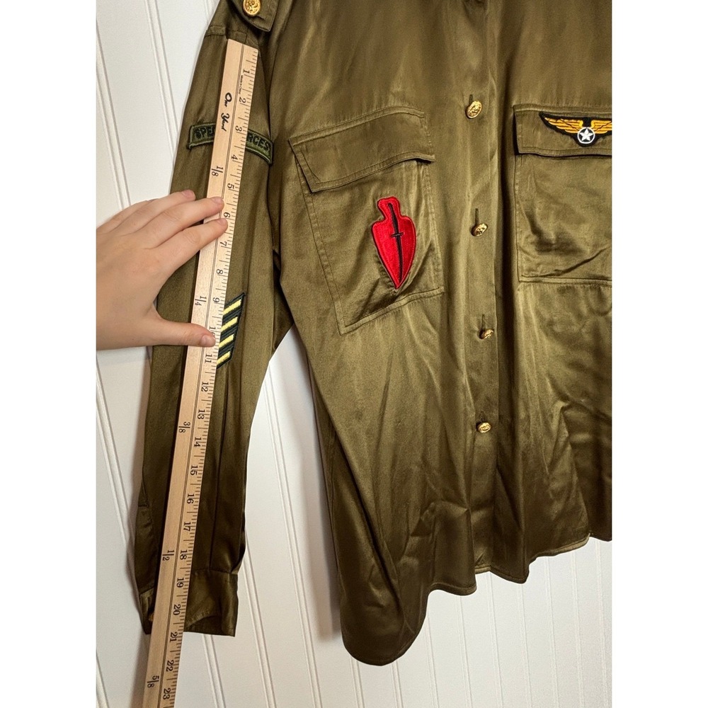 Baldanza Military Silk Shirt Women 4 Olive Green Patch Embroidered Epaulet - Picture 12 of 13